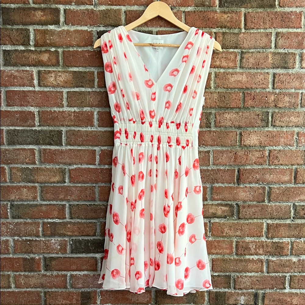 Reiss Red and White Lunata Poppy Patterned Midi Dress size 2